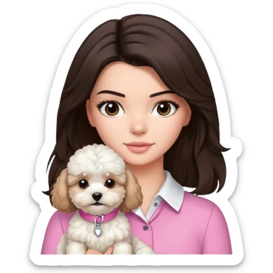 brunette Kendall Jenner with long hair holding on the hands white maltipoo wear on pink collar sticker