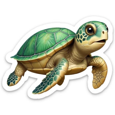 Cinematic Realistic Cute Sea Turtle Portrait Emoji, Head tilted playfully and inquisitively, featuring a compact, gentle form with a beautifully detailed shell adorned with natural patterns and a soft, expressive face with sparkling eyes, rendered with realistic textures and warm ambient light; high shine, affectionate and spirited, styled with a touch of marine whimsy, soft glowing outline, capturing the essence of a mischievous yet lovable sea turtle that seems ready to swim playfully into your arms! sticker