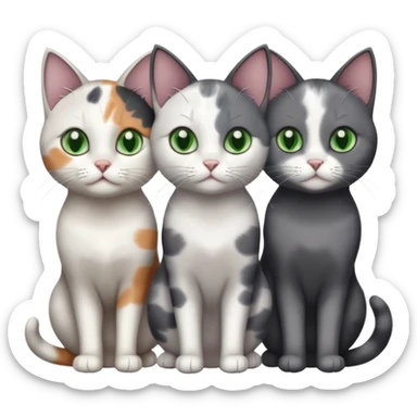 3 different coloured small cats including a dark grey and white, and a patchy calico and a completely solid dark grey with green eyes and only white paws sticker