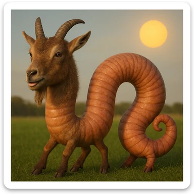 Make this goat-worm hybrid more realistic with a detailed goat head featuring natural fur, realistic horns, and a segmented worm body with lifelike texture and subtle color blending. Render in photorealistic style with no cartoon exaggeration. sticker