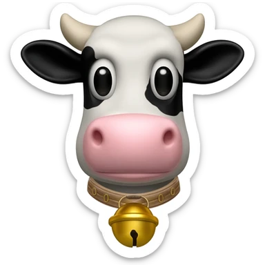 a head of a cow with a collar and a golden bell sticker