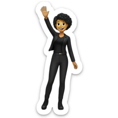 Woman waving hand with happy face in black clothes  sticker
