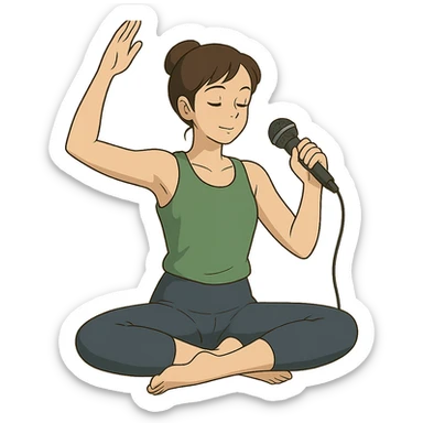 ghibli style illustration of a woman doing yoga with a microphone sticker
