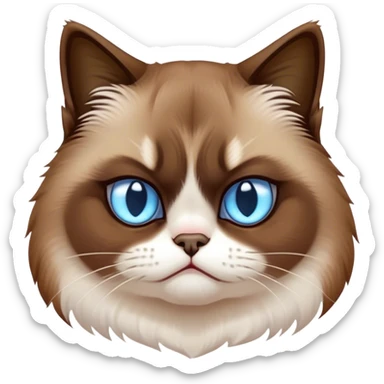 Cinematic Meme-Worthy Grumpy Snowshoe Cat Portrait Emoji, Head held high but eyes filled with dramatic disappointment, soft brown fur, white paws planted firmly in defiance, signature grumpy cat frown perfectly etched on its face, icy-blue eyes radiating pure disapproval, Simplified yet hilariously over-exaggerated features, highly detailed, glowing with an aura of supreme annoyance, high shine, exhausted yet judgmental, stylized with an almost regal pettiness, bright but brooding, soft glowing outline, capturing the essence of a feline that has seen it all and is thoroughly unimpressed, so meme-worthy it feels like it could instantly become the next viral sensation of grumpiness! sticker