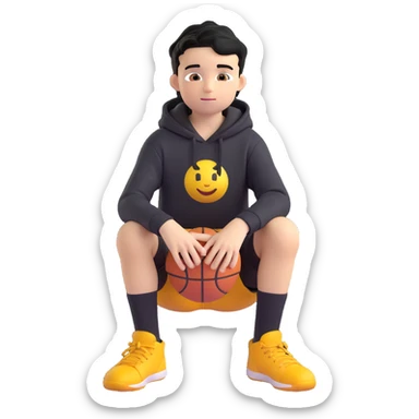 Remove any basketballs and remove his shoes, keep the boy kid sitting with knees up, black hoodie (hood off), smirking, black crew socks, messy black hair, black basketball shorts, yellow skin, Microsoft 3D emoji style, with no background. sticker