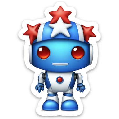 blue and white robot with red eyes, a blue sleeping cap with stars on it, jester ruffles, and baggy blue pants with star pattern on it sticker