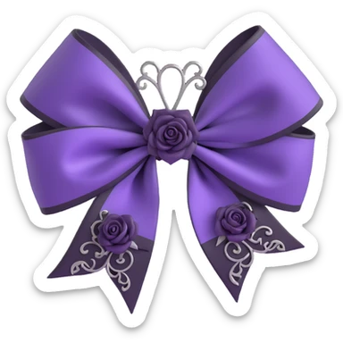 3D emoji gothic bow, deep purple satin, ornate silver filigree, and black rose accent sticker