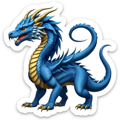 Mušḫuššu, long scaled dragon-serpent body, blue or turquoise, lion-like mane, strong lion forelegs with feline paws, bird-like eagle talons for back legs, long neck, head half dragon half lion, lizard tail, snake tongue, no wings, ancient and regal but terrifying sticker