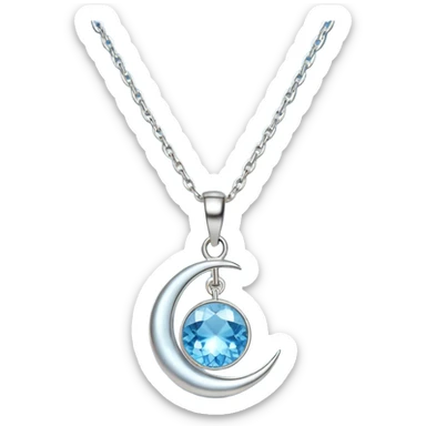 Silvery silver moon necklace with a light-blue crystal hanging attached necklace   sticker