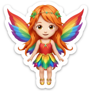 fairy with long orange hair, rainbow wings, red dress, happy, chibi full body sticker