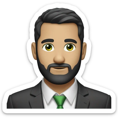 Finance guy, short black hair, green eyes, suit, beard like 3 days, white skin. crewcut sticker