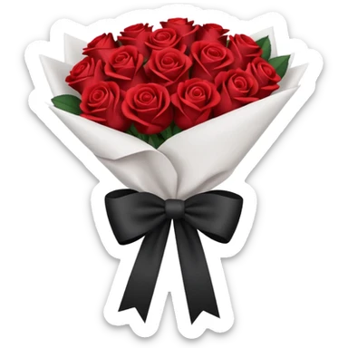 Dark red bouquet of roses wrapped in white wrapping paper with black bow sticker