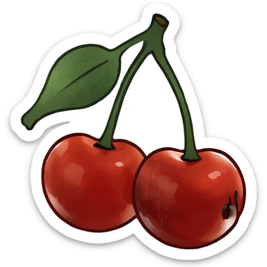 3D style two shiny red cherries hanging from a wooden branch with small green leaves sticker