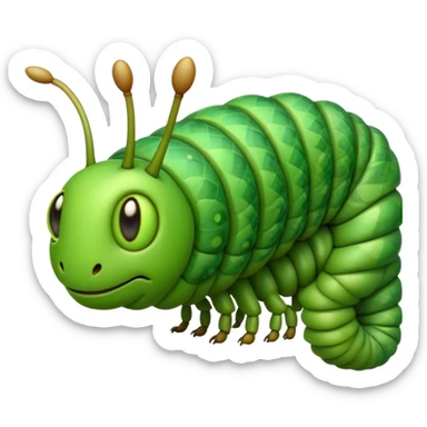 Cinematic Realistic Noble Caterpillar Portrait Emoji, Poised and serene, with a slender, segmented body covered in vivid, detailed green scales accented by subtle natural patterns, and a tiny, focused face with delicate, inquisitive eyes, rendered with lifelike texture and soft natural lighting, high shine, intelligent and delicate, styled with an air of woodland elegance, focused and attentive, soft glowing outline, capturing the essence of a watchful and confident looper caterpillar that appears ready to inch gracefully out of the screen with natural authority! sticker