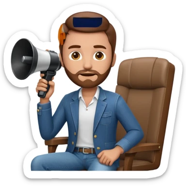 film director emoji with a modern megaphone and director's chair, brown hair and short beard, jeans and a undershirt with blazer top.  sticker
