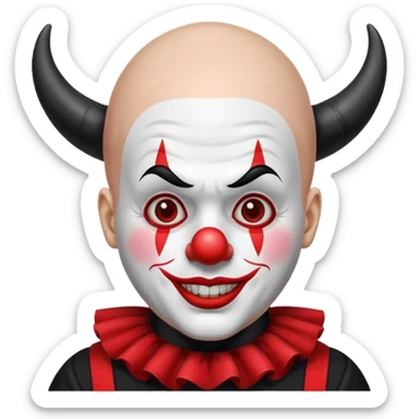 Crea un payaso con toda la cara blanca sin pelo con cuernos de color negro, que su cuerpo tenga un traje de payaso negro con rojo sticker