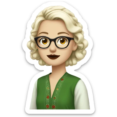White girl in a green kurta with flower design, glasses, piercing, red lips, nose ring, full body, teen, short edgar hair,  sticker