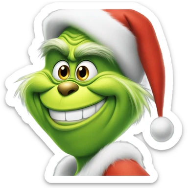 The grinch with a Santa hat and a big grin sticker
