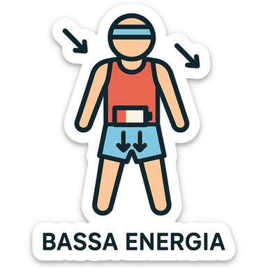 infografica in italiano, atleta con simbolo di batteria scarica nella zona pelvica, frecce che indicano Bassa energia e Stanchezza, colori tenui, stile medico, sfondo bianco sticker