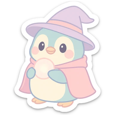 a chubby penguin wearing a wizard hat and cloak, holding a glowing orb, soft rounded style sticker