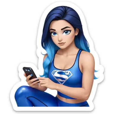 big tears-Texting on phone-very very very large upper body-sexy face-bending forward at waist-very long very straight dark blue to light blue ombre hair-and-blue eyes-thick black eyeliner-thick long eyelashes-iridescent blue lowcut tanktop with black leggings with glitter superman logo sticker