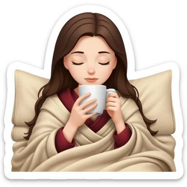 White girl brunette inside a blanket sipping coffee eyes closed sticker