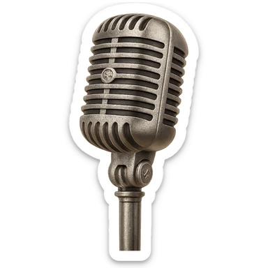 a music studio microphone, vintage style, metallic, with a stand, no background sticker