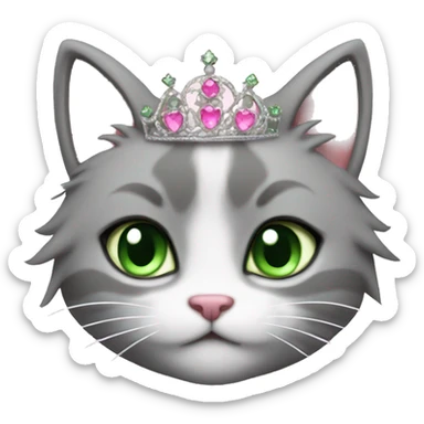 fluffy cat with green eyes in a princess dress and a pink tiara sticker