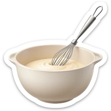 Cinematic Realistic Whisk & Mixing Bowl, a well-used metal whisk resting in a smooth ceramic mixing bowl, light reflecting off the whisk’s polished surface, subtle smears of batter along the rim, glowing with a sense of warmth and creativity. sticker