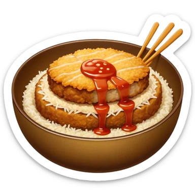 katsudon in a bowl: bowl filled with rice, a bit of sauce over the rice and a breaded pork cutlet sticker