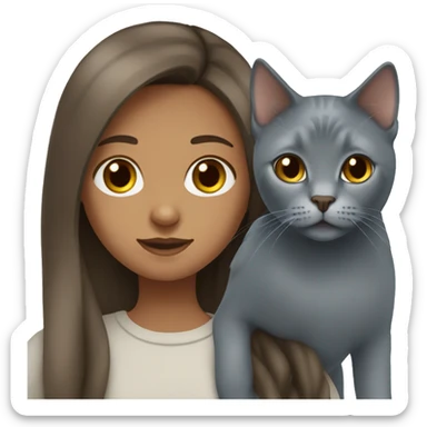 Brown long hair girl and russian blue cat together sticker