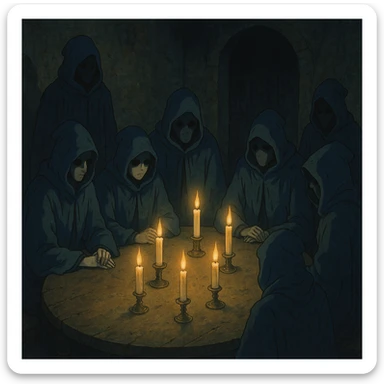 mysterious conclave gathering with hooded figures around a table illuminated by candlelight in ghibli style sticker