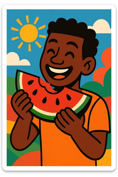 a Black person enjoying watermelon, smiling, vibrant and cheerful, modern illustration sticker