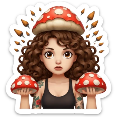 woman with long curly brown hair, brown eyes, white skin, tattoos, unimpressed stare while mushroom explodes behind her sticker