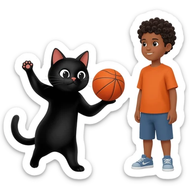 Black cat playing with orange basketball and a little boy with curly black hair sticker