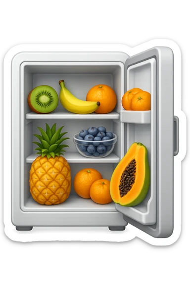 emoji stile iphone di un frigo aperto con dentro ben visibili questi alimenti: Kiwi
Banana acerba
Arance e mandarini
Mirtilli
Ananas
Papaya
IPERREALISTICO 4K sticker