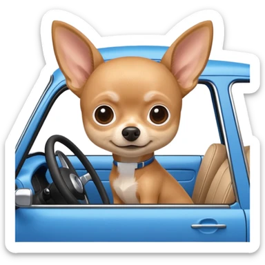 Cute spider driving a blue car. A chihuahua sits in the passenger seat.  sticker