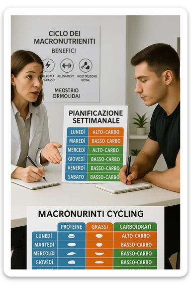 a nutritionist explains to an athlete how to cycle macronutrients for fat loss and training. On the desk, a weekly meal planner shows alternating high-carb and low-carb days, with color-coded sections for proteine, grassi, and carbo. The athlete takes notes, and a chart in the background illustrates the benefits of nutrient cycling. The mood is professional and educational. scritto in italiano sticker