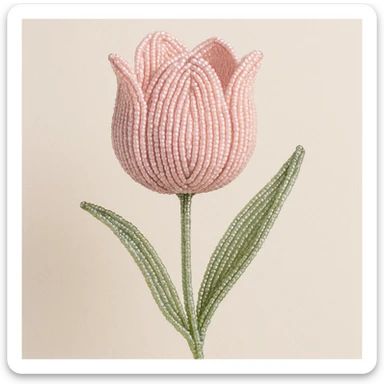 french beaded tulip in baby pink, intricate beadwork, gentle curves, subtle green stem, elegant and dainty sticker