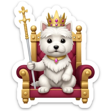 a cute west highland terrier sitting on a throne holding a scepter  sticker