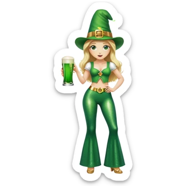 Blonde haired pretty woman in glittery green bell bottoms and tall leprechaun hat holding a green beer sticker