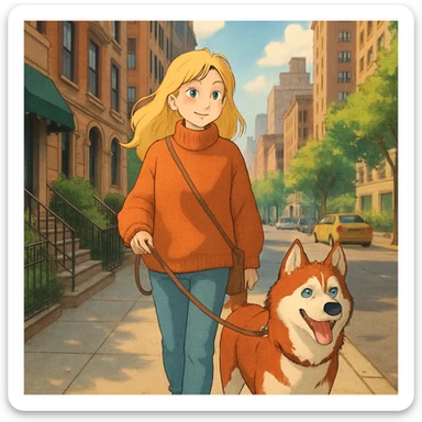 Cute Blonde woman wearing a sweater walking a happy red-brown blue-eyed Siberian husky in New York City on an upper east side city sidewalk  sticker