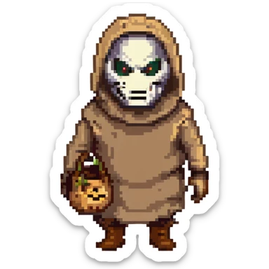 horror villain with burlap sack mask and dark hollow eyes sticker