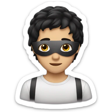 A boy with black hair and wearing a mask sticker