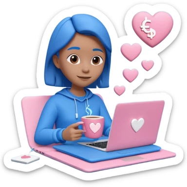 3D clay character relaxed with laptop and coffee, floating icons (envelope, heart, dollar), electric blue (#4A90D9) outfit, pink (#FF6B9D) floating icons, white laptop, Pixar style, transparent background sticker