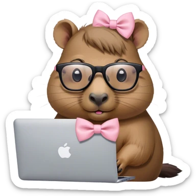 capivara de óculos e laço rosa claro mexendo no macbook sticker