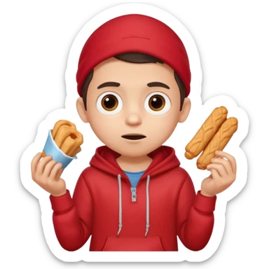 ute funny Spanish cartoon boy named Peque Tito, red hoodie, denim shorts, big expressive eyes, holding a churro, Pixar-style, viral character.” sticker