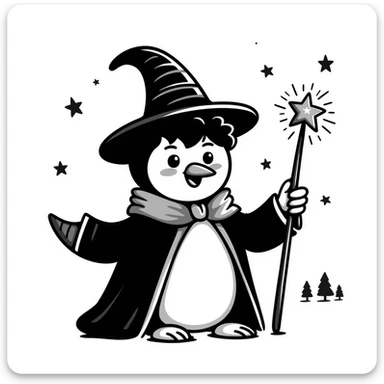 A penguin wizard holding a magic wand, with a starry night background sticker