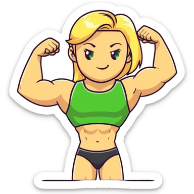 full body pose of a muscular white girl with blonde hair and green eyes, flexing 6 pack abs and one arm bicep sticker
