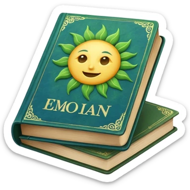 green and blue book with a sun symbol on it sticker